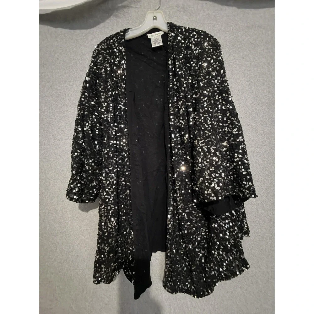 Ulla Popken Kimono Jacket Womens 12/14 Black Sequin Open Front Lined Formal